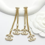 18K CC Long Tassel Diamond Earrings