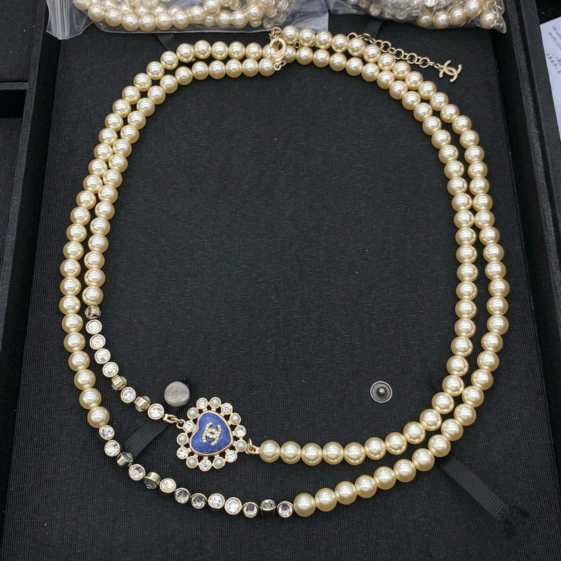 18K CC Blue Pearl Heart Long Necklace