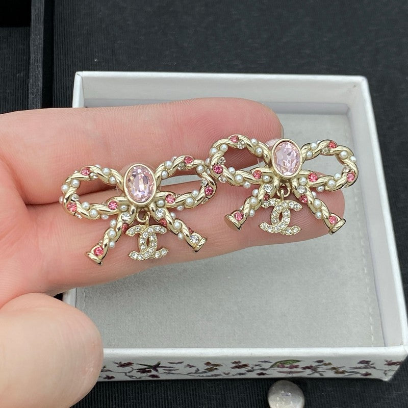 18K CC Pink Crystal Bow Earrings