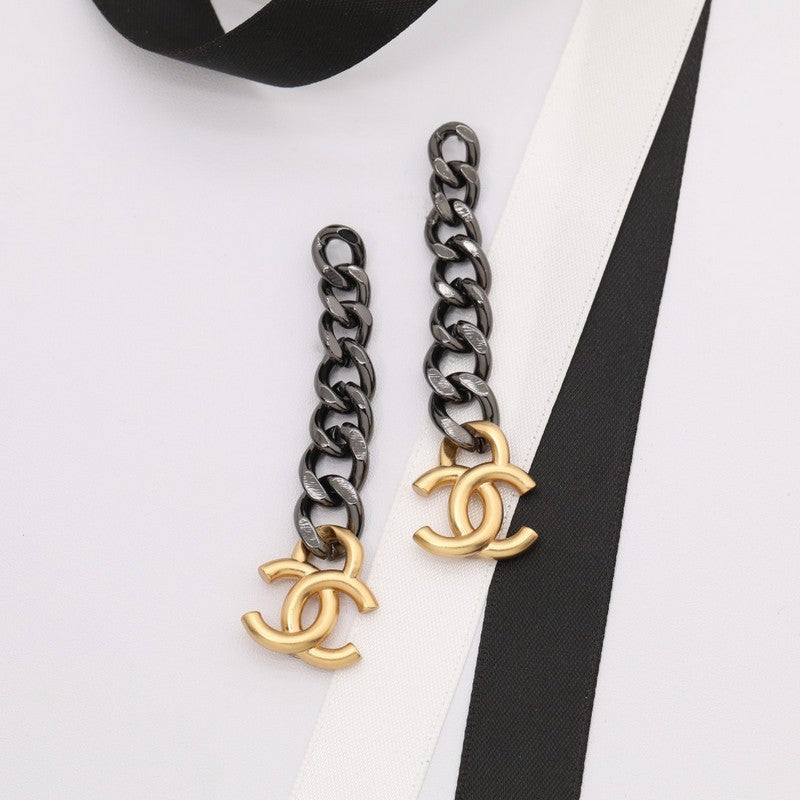 18K CC Black Chain Long Earrings