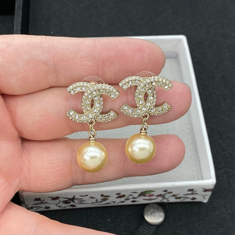 18K CC Pearl Diamond Drop Earrings