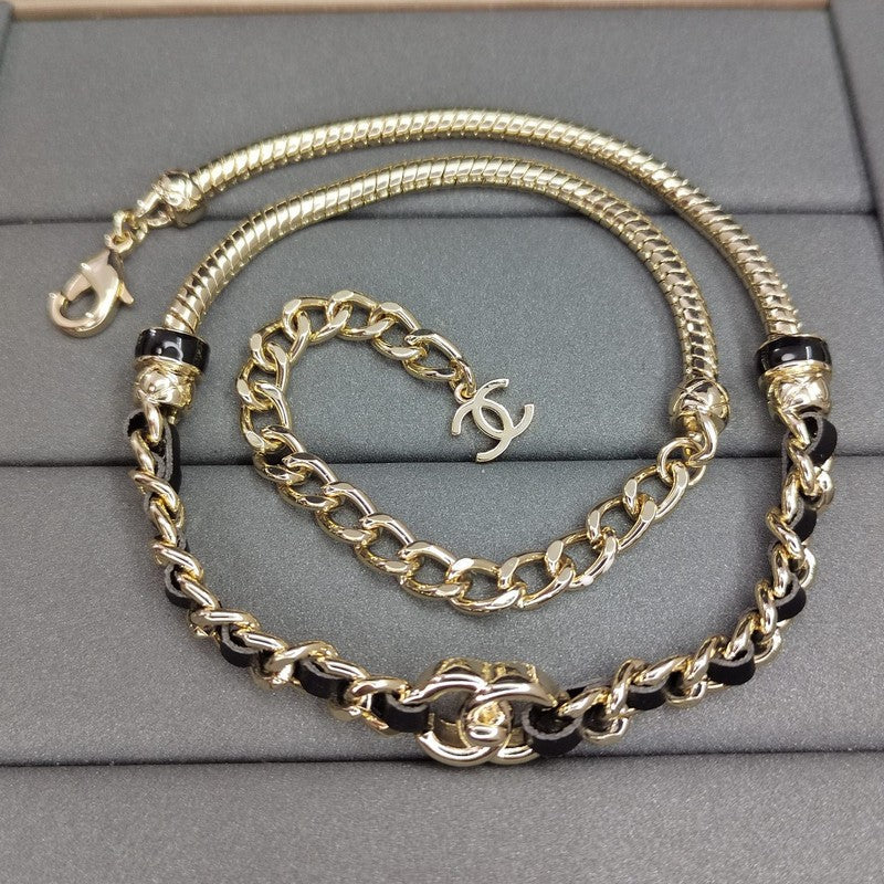 18K CC Black Leather Gold Chain Necklace