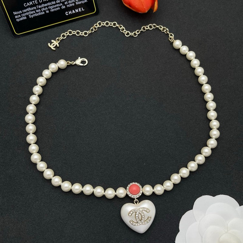 18K CC Heart Pearl Chain Necklace