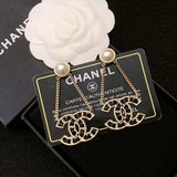 18K CC Pearl Gold Chain Earrings