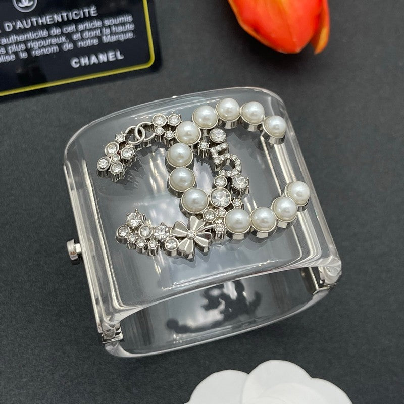 18K CC Pearl & Diamond Transparent Cuff Bracelet