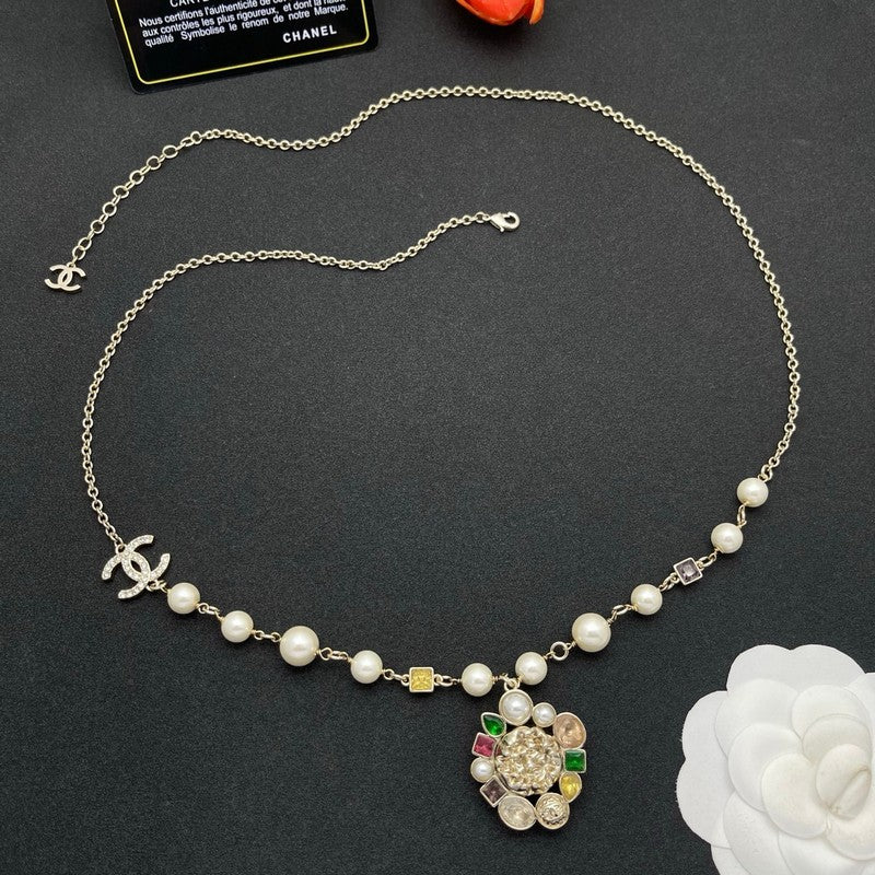 18K CC Color Crystal Pearl Chain Necklace