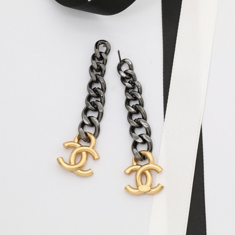 18K CC Black Chain Long Earrings