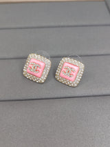 18K CC Diamond Square Pink Earrings