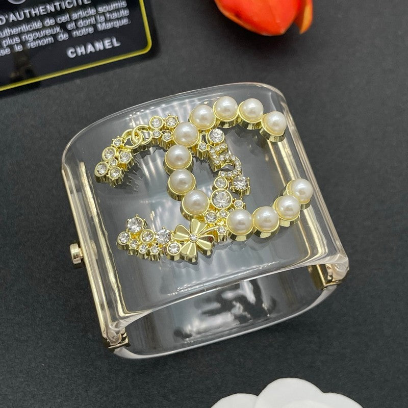 18K CC Pearl & Diamond Transparent Cuff Bracelet