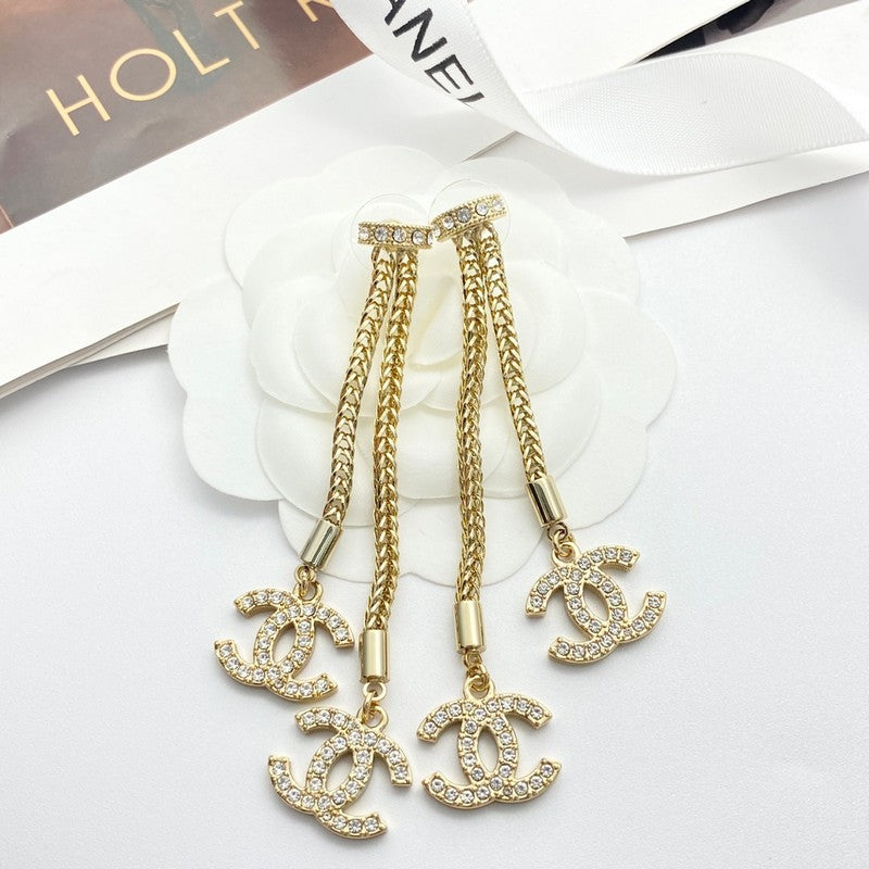 18K CC Long Tassel Diamond Earrings
