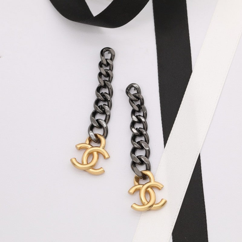 18K CC Black Chain Long Earrings