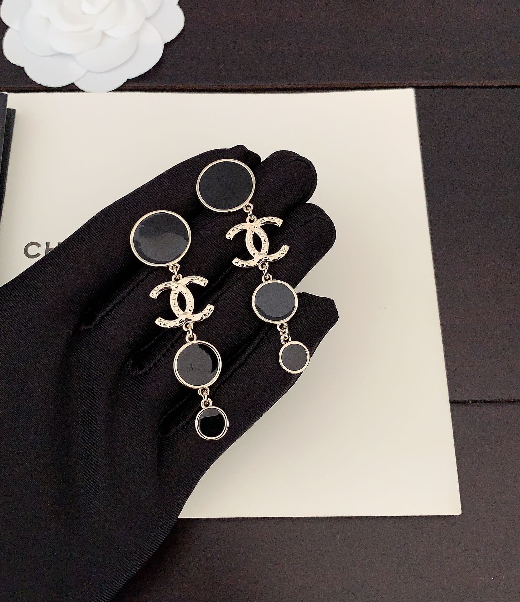 18K CC Black Crystals Earrings