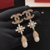 18K CC Diamond Cross Pearl Drop Earrings