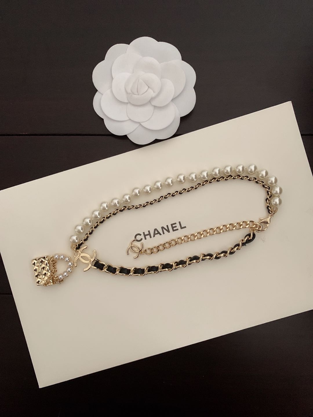 18K CC Pearl Leather Bag Pendant Necklace