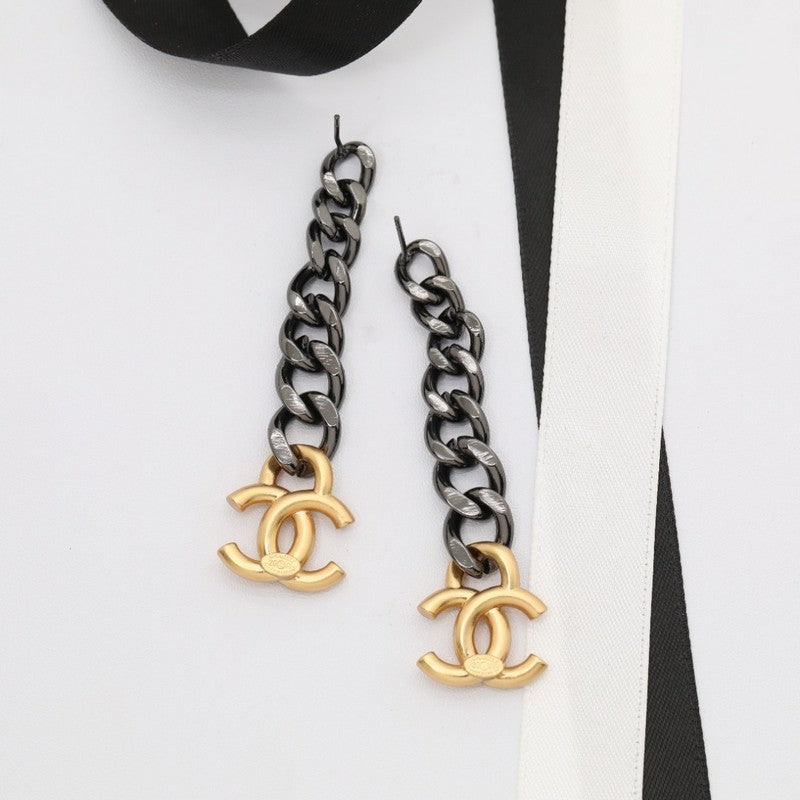 18K CC Black Chain Long Earrings