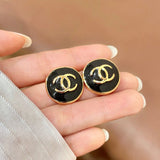 18K CC Black & White Round Gold Earrings