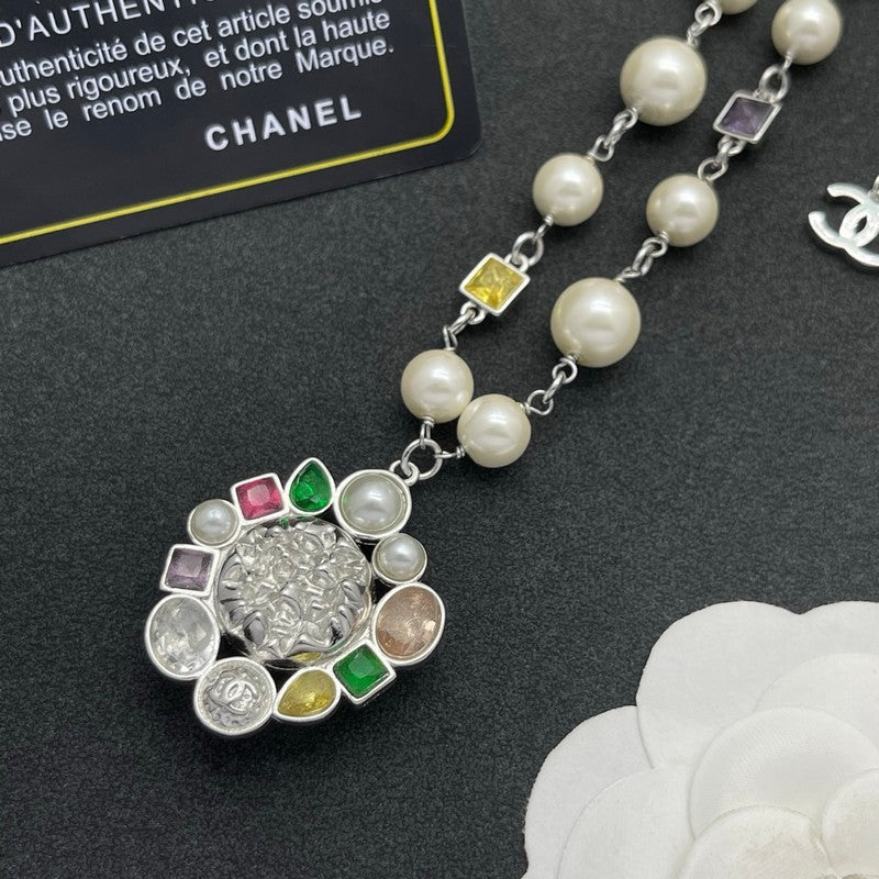 18K CC Color Crystal Pearl Chain Necklace