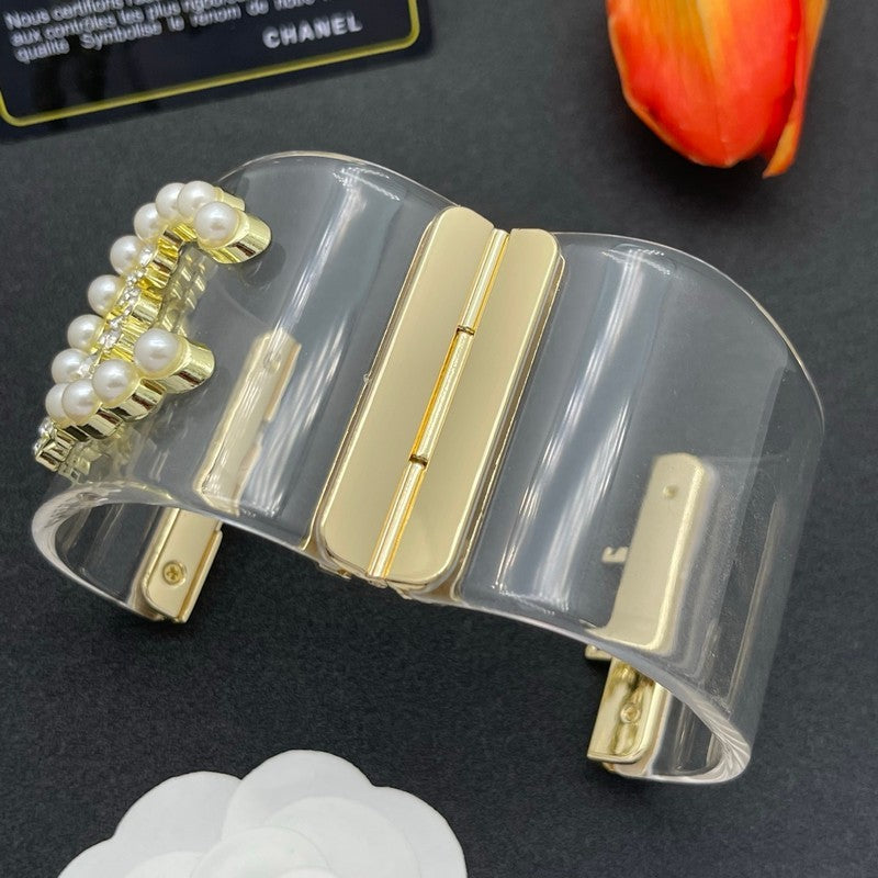 18K CC Pearl & Diamond Transparent Cuff Bracelet