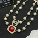 18K CC Red Crystal Pearl Long Necklace