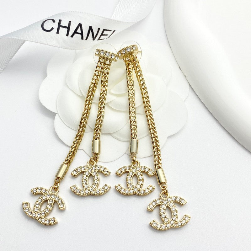 18K CC Long Tassel Diamond Earrings
