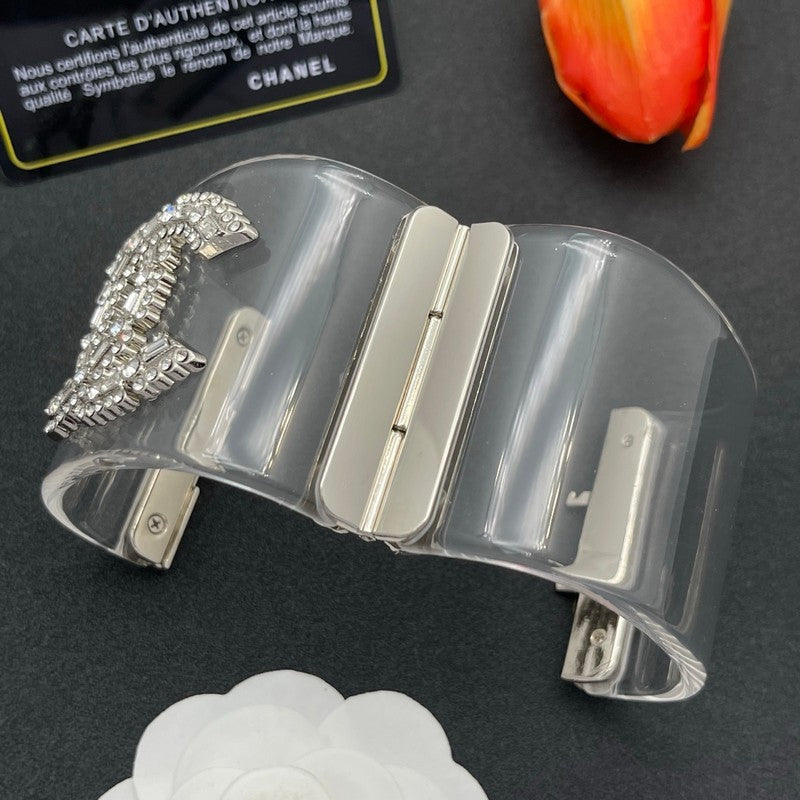 18K CC Pearl Diamond Transparent Cuff Bracelet