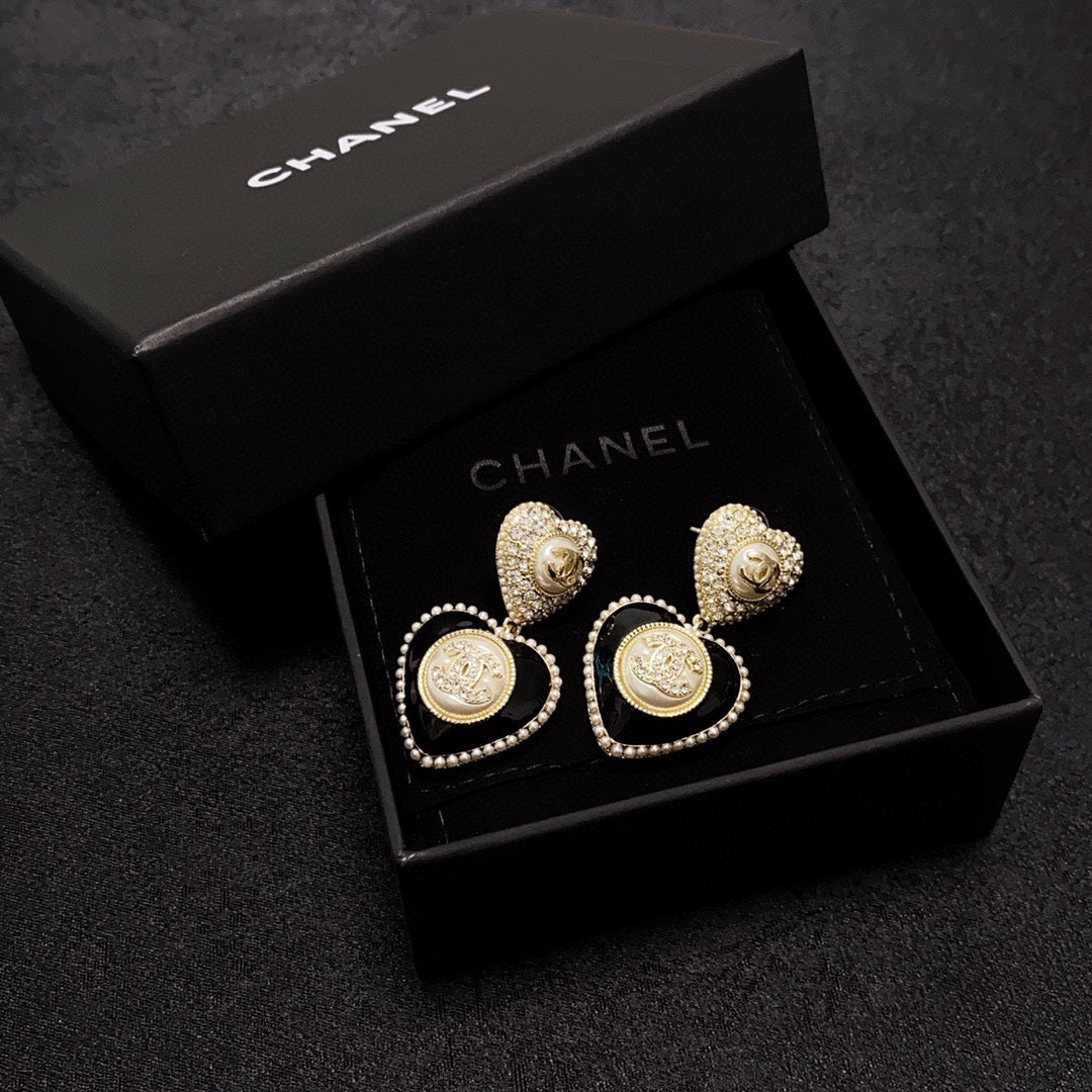 18K CC Black Heart Earrings