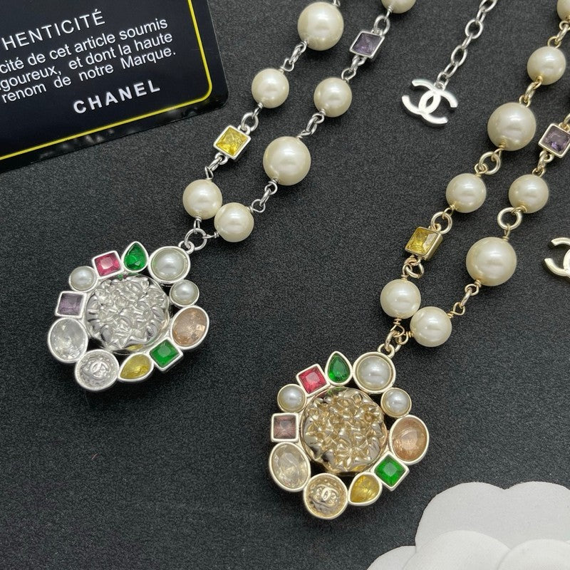 18K CC Color Crystal Pearl Chain Necklace