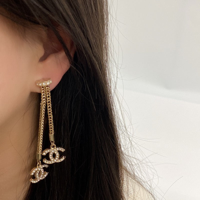 18K CC Long Tassel Diamond Earrings