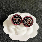 18K CC Red & Blue Crystal Round Earrings