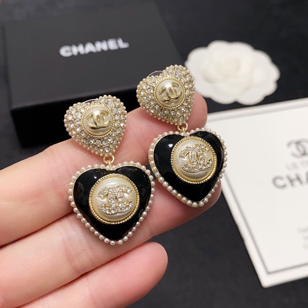 18K CC Black Heart Earrings