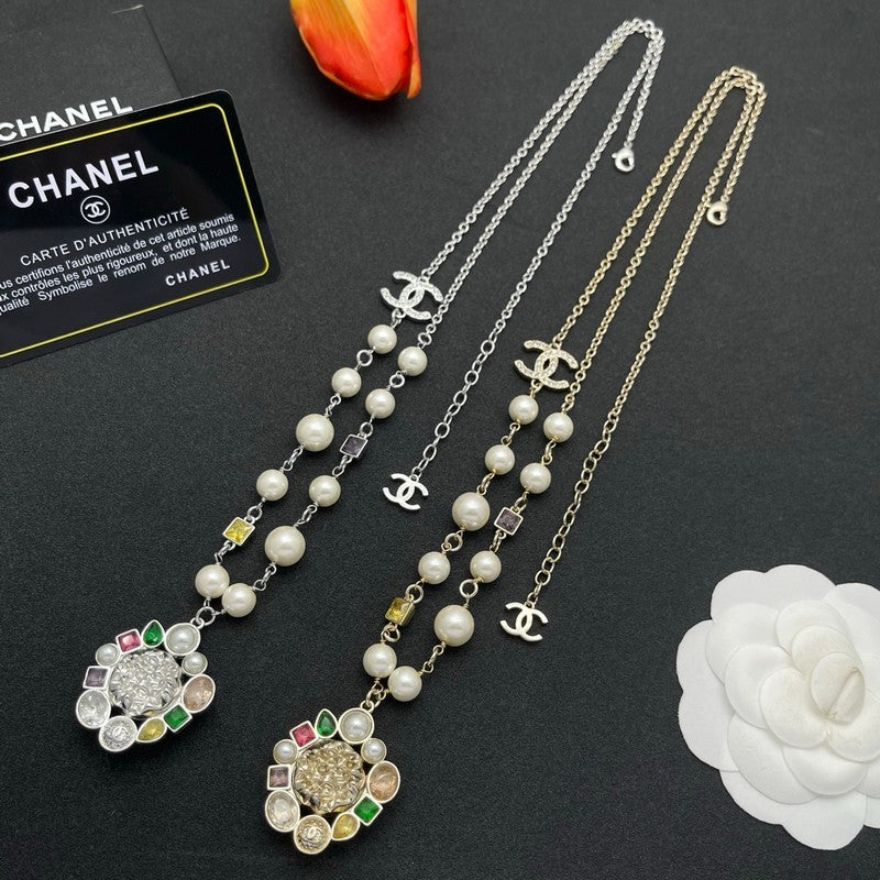 18K CC Color Crystal Pearl Chain Necklace