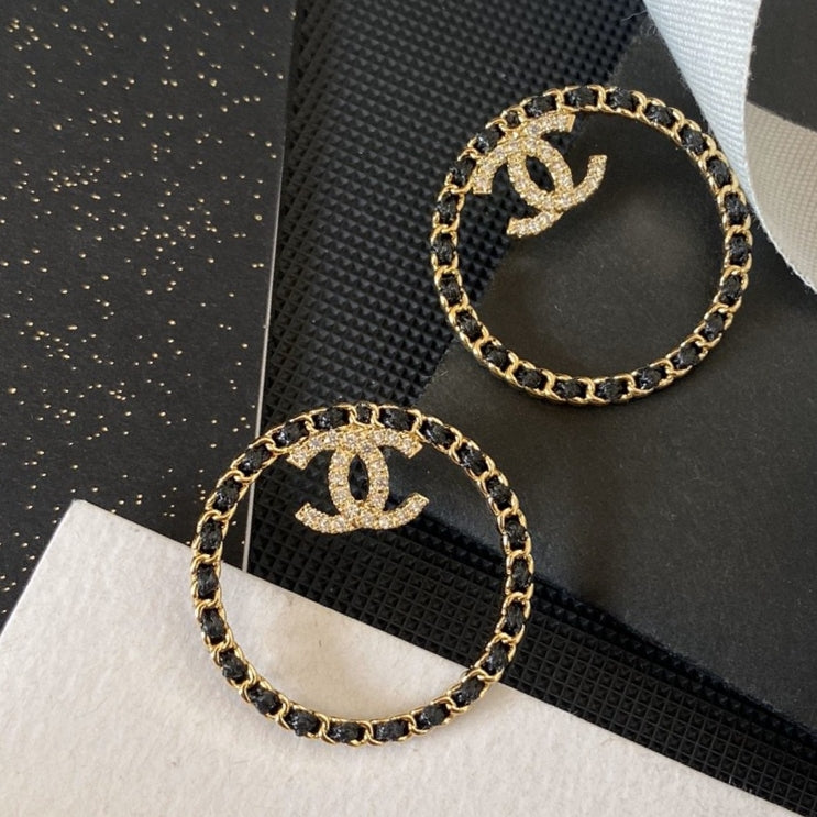 18K CC Black Leather Circle Earrings